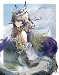 Rule 34 | 1girl, arknights, artist request, dragon girl, dragon horns, dragon tail, grey eyes, grey hair, horns, long hair, looking at viewer, pointy ears, shu (arknights), smile, solo, tail