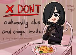 Rule 34 | 1girl, black eyes, black hair, borrowed character, centurii-chan (artist), chair, clapping, commentary, english commentary, english text, food, formal, gloves, hair over one eye, highres, omelet, omurice, open mouth, original, suit, sweat, table
