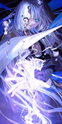 Rule 34 | 1boy, aqua eyes, black background, commentary request, cowboy shot, fate/grand order, fate/grand order arcade, fate (series), gold trim, hydrokinesis, itefu, jewelry, long hair, long sleeves, looking at viewer, male focus, nemo (fate), noah (fate), open clothes, robe, simple background, smile, solo, turban, very long hair, water, white hair, white robe