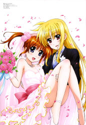 Rule 34 | 2girls, absurdres, blonde hair, blue eyes, blush, brown hair, carrying, convenient censoring, convenient leg, couple, dress, fate testarossa, flower, hair ornament, happy, highres, jewelry, long hair, looking at viewer, lyrical nanoha, mahou shoujo lyrical nanoha, multiple girls, official art, okuda yasuhiro, petals, princess carry, red eyes, ring, simple background, smile, takamachi nanoha, text focus, translation request, tuxedo, wedding, wedding band, wedding dress, wedding ring, white background, wife and wife, yuri
