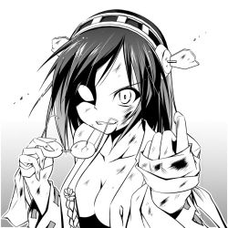 Rule 34 | 10s, 1girl, bandages, black hair, breasts, broken glass, bruise, cleavage, crack, cracked glass, crazy eyes, detached sleeves, glass, glasses, gradient background, greyscale, grin, hairband, injury, japanese clothes, kantai collection, kirishima (kancolle), medium breasts, monochrome, open clothes, personification, sanada ikki, short hair, smile, solo