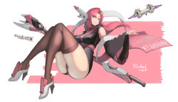Rule 34 | 1girl, ass, black thighhighs, blue eyes, breasts, covered erect nipples, detached sleeves, gun, gundam, gundam seed, gundam seed destiny, high heels, holding, holding gun, holding weapon, lacus clyne, large breasts, long hair, pink hair, sky of morika, smile, solo, thighhighs, thighs, warship girls r, weapon