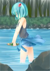 Rule 34 | 1girl, absurdres, bad id, bad pixiv id, bare shoulders, blue eyes, blue hair, bush, carrying, clothes around waist, cucumber, food, forest, hair bobbles, hair ornament, highres, holding, kawashiro nitori, matching hair/eyes, miyashita maka, nature, no headwear, no headwear, partially submerged, plate, rock, shirt, shirt around waist, short hair, shorts, solo, tank top, touhou, tree, twintails, two side up, wading, water