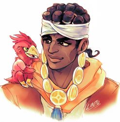 Rule 34 | 1boy, artist name, black hair, brown eyes, dark skin, dark-skinned male, facial mark, headband, jojo no kimyou na bouken, lintufriikki, looking at another, magician&#039;s red, male focus, mohammed avdol, on shoulder, portrait, signature, simple background, smile, stand (jojo), aged down