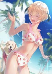 Rule 34 | 1girl, absurdres, artist name, bikini, blonde hair, blush, blush stickers, breasts, cleavage, closed mouth, collarbone, dog, fate/grand order, fate (series), food print, gareth (fate), gareth (swimsuit saber) (fate), gareth (swimsuit saber) (second ascension) (fate), highres, multicolored hair, open mouth, palm tree, short hair, shou ko (7788 tenku), small breasts, smile, strawberry print, swimsuit, tree, two-tone hair