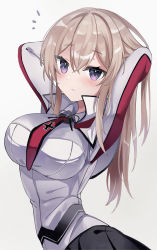 Rule 34 | 1girl, absurdres, black skirt, blonde hair, blush, breasts, closed mouth, cross, fathom, graf zeppelin (kancolle), hair between eyes, highres, iron cross, kantai collection, large breasts, long hair, long sleeves, military, military uniform, no headwear, no headwear, pleated skirt, purple eyes, sidelocks, skirt, solo, uniform, upper body