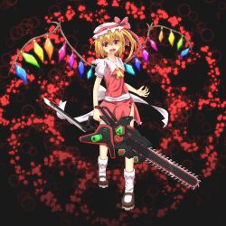 Rule 34 | 12kyen, 1girl, absurdres, ascot, blonde hair, bow, chainsaw, crystal, female focus, flandre scarlet, hat, hat bow, highres, ichiman nisen yen, open mouth, puffy sleeves, red eyes, short hair, short sleeves, side ponytail, solo, touhou, wings