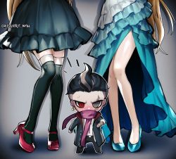 Rule 34 | 1boy, 2girls, barry nah, black hair, black jacket, black pants, black thighhighs, blonde hair, chibi, danganronpa (series), danganronpa 10th anniversary costume, danganronpa 2: goodbye despair, dress, dual persona, gradient background, green dress, grey background, grey dress, grey hair, heterochromia, high heels, highres, jacket, layered dress, long hair, long sleeves, looking at viewer, multicolored hair, multiple girls, notice lines, official alternate costume, open clothes, open jacket, over-kneehighs, pants, pink scarf, red eyes, red footwear, scarf, shiny clothes, shirt, shoes, short hair, sonia nevermind, sweatdrop, tanaka gundham, thighhighs, two-tone hair, white shirt