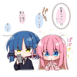 Rule 34 | 2girls, black sweater, blue eyes, blue hair, blunt bangs, blush, bocchi the rock!, cellphone, chibi, chika (06chimika13), commentary, cube hair ornament, expressionless, eyes visible through hair, gotoh hitori, hair ornament, hairclip, heart, holding, holding phone, jacket, long hair, looking at viewer, lovestruck, mole, mole under eye, multiple girls, one side up, open mouth, phone, pink hair, pink jacket, short hair, smartphone, sound effects, sweater, thought bubble, track jacket, translated, yamada ryo, yellow eyes