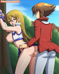Rule 34 | 1boy, 1girl, ass, bent over, blonde hair, bottomless, breasts, brown hair, happy sex, hetero, highres, leaning on object, looking back, moaning, outdoors, penis, pussy, reit, sex, tenjouin asuka, tree, uncensored, yellow eyes, yu-gi-oh!, yu-gi-oh! gx, yuki judai