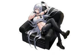Rule 34 | 1girl, alcohol, arm belt, arm up, armpits, ashtray, azur lane, bandaged arm, bandages, bare shoulders, belt, black footwear, black gloves, black pants, boots, bottle, breasts, chair, choker, cleavage, crop top, crossed legs, cuffs, gloves, gun, hammer, hand up, handcuffs, handgun, highres, holding, holster, lamp, large breasts, long hair, looking at viewer, midriff, mole, mole under eye, navel, official alternate costume, official art, pants, pistol, reclining, red eyes, shirt, silver hair, sleeveless, sleeveless shirt, soaryuna, solo, sovetskaya rossiya (azur lane), sovetskaya rossiya (the lackadaisical lookout) (azur lane), stomach, torn clothes, torn pants, transparent background, very long hair, vodka, weapon, white shirt