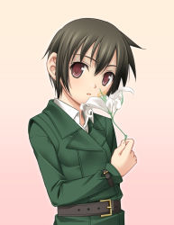 Rule 34 | 00s, 1girl, androgynous, belt, brown hair, coat, flower, kino (kino no tabi), kino no tabi, lily (flower), parted lips, rankei, red eyes, reverse trap, short hair, simple background, smelling, solo, wrist belt