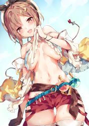 Rule 34 | 1girl, atelier (series), atelier ryza, atelier ryza 1, belt, blush, breasts, brown eyes, brown hair, clothes lift, cowboy shot, gloves, hair ornament, hairclip, hat, highres, jewelry, large breasts, lifted by self, looking at viewer, necklace, open mouth, red shorts, reisalin stout, short hair, short shorts, shorts, smile, solo, star (symbol), thighhighs, thighs, unacchi (nyusankin), underboob, white hat, white thighhighs