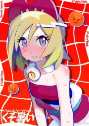 1girl =_(9_yawbus) blonde_hair blue_eyes blush clenched_teeth creatures_(company) emoji english_text eyelashes game_freak gem hairband highres hot irida_(pokemon) jewelry looking_at_viewer multicolored_hair neck_ring nintendo pokemon pokemon_legends:_arceus profanity red_background red_hairband red_shirt shirt short_hair shoulder_blush solo strapless strapless_shirt sweat teeth two-tone_hair