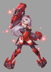 Rule 34 | 1girl, absurdres, bad id, bad pixiv id, bare shoulders, black thighhighs, blue eyes, bustier, clenched hand, covered navel, dress, full body, grey background, grey hair, halter dress, halterneck, headgear, highres, long hair, mecha musume, open mouth, original, red dress, seigo-hk, short dress, side slit, solo, sparkle, thighhighs, very long hair, zettai ryouiki