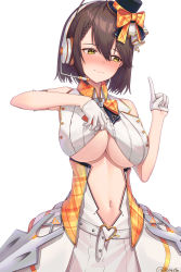 Rule 34 | 1girl, absurdres, ahoge, arm strap, armor, azur lane, baltimore (azur lane), baltimore (muse) (azur lane), bare shoulders, belt, bintz, blush, bow, braid, breasts, brown hair, buckle, center frills, center opening, cleavage, closed mouth, clothes lift, clothing cutout, collared shirt, commentary request, cowboy shot, crop top, faulds, french braid, frills, gloves, hair between eyes, half gloves, hat, headset, heart, heart-shaped buckle, highres, idol, index finger raised, large breasts, lifting own clothes, looking away, mini hat, navel, navel cutout, nose blush, official alternate costume, orange bow, shirt, shirt lift, short hair, sidelocks, signature, simple background, skirt, sleeveless, solo, standing, underboob, underboob cutout, white background, white belt, white gloves, white skirt, yellow eyes