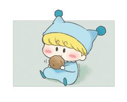Rule 34 | 1boy, ayu (mog), blonde hair, blue hat, blush stickers, border, chewing, child, eating, food, full body, hat, holding, holding food, meatball, mirumo, mirumo de pon!, onesie, short hair, signature, sitting, solid oval eyes, solo, white border