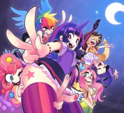Rule 34 | 6+girls, apple, applejack, balloon, between breasts, bike shorts, breasts, cowboy hat, cutie mark, fluttershy, food, freckles, fruit, gashi-gashi, grin, hat, heart, heart in mouth, highres, horns, multicolored hair, multiple girls, my little pony, my little pony: friendship is magic, personification, pink hair, pinkie pie, rainbow dash, rainbow hair, rarity (my little pony), sharp teeth, single horn, skirt, smile, streaked hair, teeth, thighhighs, twilight sparkle, v, wings, wristband