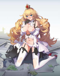 Rule 34 | 1girl, areola slip, black gloves, blonde hair, blue eyes, blush, breasts, detached sleeves, dress, drill hair, frills, garter straps, gloves, high heels, highres, large breasts, lion (warship girls r), long hair, navel, panties, pink panties, puffy sleeves, solo, stomach, thighhighs, torn clothes, torn dress, torn thighhighs, underwear, very long hair, warship girls r, white dress, white thighhighs, ze (wzfnn001)