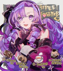 Rule 34 | 1girl, black gloves, chocolate, cup, dress, drill hair, food, gloves, heart, highres, hyakumantenbara salome, hyakumantenbara salome (1st costume), kuyuu (somari), long hair, nijisanji, off-shoulder dress, off shoulder, purple eyes, purple hair, red dress, senbei, sleeve cuffs, smile, solo, street fighter, teacup, virtual youtuber, zangief