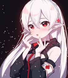 Rule 34 | 1girl, arknights, bare shoulders, beudelb, black background, black shirt, blush, commentary, cross hair ornament, detached sleeves, hair between eyes, hair ornament, hands up, highres, long hair, long sleeves, looking at viewer, parted lips, pointy ears, red eyes, shirt, silver hair, simple background, solo, upper body, warfarin (arknights)