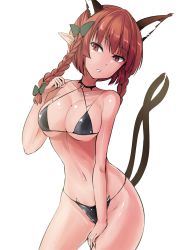 Rule 34 | 1girl, animal ear fluff, animal ears, bare arms, bare shoulders, bikini, black bikini, black choker, bow, braid, breasts, cat ears, choker, commentary request, cowboy shot, grey bow, groin, hair bow, hand up, head tilt, highres, kaenbyou rin, large breasts, long hair, looking at viewer, multiple tails, navel, nekomata, parted lips, pointy ears, red eyes, red hair, simple background, solo, standing, stomach, swimsuit, tail, thighs, touhou, twin braids, twintails, two tails, white background, y2
