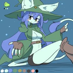 Rule 34 | 1girl, boots, cat, female focus, fingerless gloves, furry, furry female, gloves, green hat, hat, looking at viewer, no bra, purple hair, shorts, simple background, solo, the amboina, witch hat, yellow eyes