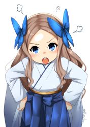 Rule 34 | 1girl, puff of air, angry, asakaze (kancolle), blue bow, blue eyes, blue hakama, bow, cowboy shot, forehead, hair bow, hakama, hakama skirt, hands on own hips, highres, japanese clothes, kantai collection, leaning forward, light brown hair, long hair, looking at viewer, meiji schoolgirl uniform, nassukun, open mouth, parted bangs, round teeth, sidelocks, simple background, skirt, solo, teeth, upper teeth only, wavy hair, white background