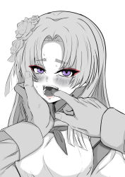Rule 34 | 1boy, 1other, blue archive, blush, commentary request, finger in another&#039;s mouth, flower, greyscale, hair flower, hair ornament, highres, long hair, looking at viewer, medium bangs, monochrome, open mouth, parted bangs, pov, pov hands, purple eyes, shiro beer, simple background, solo focus, spot color, teeth, tongue, upper body, yukari (blue archive)