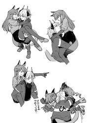 Rule 34 | 2girls, anger vein, angry, animal ear fluff, animal ears, arknights, arms around neck, carrying, carrying person, closed mouth, commentary request, dragon girl, dragon horns, dragon tail, elbow gloves, expressionless, eye contact, fox ears, fox girl, fox tail, franka (arknights), gloves, greyscale, halftone, hand on another&#039;s back, hand on another&#039;s leg, haruichi (sazanami complex), highres, horns, hug, jacket, lifting person, liskarm (arknights), long hair, long sleeves, looking ahead, looking at another, monochrome, motion lines, multiple girls, multiple views, open clothes, open jacket, open mouth, outstretched arm, piggyback, pointing, ponytail, profile, scarf, shirt, shoes, short hair, short sleeves, simple background, skirt, smile, sound effects, split mouth, tail, thighhighs, translation request, white background, yuri
