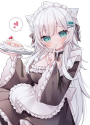 Rule 34 | 1girl, ahoge, animal ears, apron, aqua eyes, black dress, blush, breasts, cake, cake slice, cat ears, closed mouth, commentary request, dress, food, frilled apron, frilled dress, frilled sleeves, frills, grey hair, hair ornament, hairclip, hands up, heart, heart hair ornament, highres, holding, holding tray, large breasts, long hair, long sleeves, looking at viewer, maid, maid headdress, original, pleated dress, ringouulu, simple background, sleeves past wrists, smile, solo, spoken heart, strawberry shortcake, tray, very long hair, white apron, white background, wide sleeves