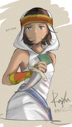 Rule 34 | 1girl, artist request, blue eyes, brown hair, character name, closed mouth, dagger, dark-skinned female, dark skin, final fantasy, final fantasy tactics, hashtag, headband, highres, holding, holding weapon, hood, knife, non-web source, rapha galthena, short hair, solo, source request, twitter username, weapon