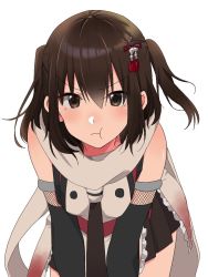 Rule 34 | 1girl, :t, all fours, black gloves, black skirt, brown eyes, brown hair, elbow gloves, gloves, hair between eyes, hair ornament, kantai collection, looking at viewer, pleated skirt, pout, rinto (rint rnt), scarf, sendai (kancolle), sendai kai ni (kancolle), short hair, simple background, skirt, solo, two side up, white background, white scarf