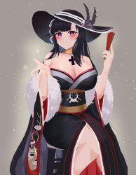 Rule 34 | 1girl, absurdres, azur lane, bare shoulders, black hair, black hat, black kimono, black sash, breasts, cleavage, cross, cross necklace, feather boa, folded fan, folding fan, grey background, hand fan, hat, highres, holding, holding fan, huge breasts, japanese clothes, jewelry, kfsocks, kimono, large breasts, long hair, looking at viewer, necklace, off shoulder, official alternate costume, peter strasser (azur lane), peter strasser (chronos&#039;s kalendae) (azur lane), purple eyes, sash, simple background, sitting, smile, solo, wide sleeves