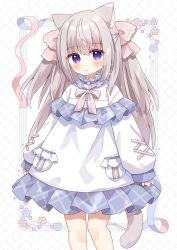 Rule 34 | 1girl, :o, animal ear fluff, animal ears, blue flower, blush, bow, brown hair, cat ears, cat girl, cat tail, commentary request, dress, feet out of frame, floral background, flower, frilled dress, frills, hair between eyes, hair ribbon, highres, long hair, long sleeves, looking at viewer, nakkar, original, parted lips, pink bow, pink ribbon, puffy long sleeves, puffy sleeves, purple eyes, red flower, ribbon, signature, sleeves past wrists, solo, standing, tail, two side up, very long hair, white background, white dress, white flower