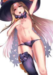 Rule 34 | 1girl, abigail williams (fate), abigail williams (second ascension) (fate), arm up, black bow, black hat, black panties, black thighhighs, blonde hair, blush, bow, breasts, brown eyes, dutch angle, fate/grand order, fate (series), glowing, hat, keyhole, kurozawa yui, long hair, nipples, open mouth, orange bow, panties, parted bangs, polka dot, polka dot bow, revealing clothes, simple background, single thighhigh, skull print, small breasts, solo, teeth, thighhighs, topless, underwear, upper teeth only, very long hair, white background, witch hat