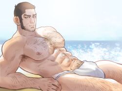 Rule 34 | 1boy, abs, arm hair, armpit hair, armpit peek, bara, beach, beard, black hair, bulge, buzz cut, chest hair, facial hair, feet out of frame, fundoshi, golden kamuy, hairy, japanese clothes, large pectorals, leg hair, looking at viewer, male focus, male swimwear, mature male, muscular, muscular male, navel, navel hair, nipples, nopinzo, pectorals, short hair, sideburns, smile, solo, stomach, tanigaki genjirou, thick eyebrows, thick thighs, thighs, topless male, very short hair, water, white male swimwear