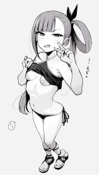 Rule 34 | 1girl, asymmetrical bangs, bikini, bikini top lift, breasts, clothes lift, frilled bikini, frills, full body, greyscale, hair rings, highres, irogomi, koga (nue no onmyouji), lifting own clothes, light blush, long hair, looking at viewer, monochrome, navel, nipples, nue no onmyouji, open mouth, sandals, side-tie bikini bottom, side ponytail, simple background, small breasts, solo, speech bubble, standing, swimsuit, translation request, v
