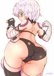 Rule 34 | 1girl, absurdres, arm belt, ass, bandaged arm, bandages, black panties, black thighhighs, butt crack, cameltoe, cleft of venus, facial scar, fate/apocrypha, fate (series), from behind, full body, gloves, green eyes, highres, huge filesize, jack the ripper (fate/apocrypha), looking at viewer, looking back, ooba jun, panties, scar, scar across eye, scar on cheek, scar on face, short hair, shoulder tattoo, simple background, single glove, solo, tattoo, thighhighs, underwear, white hair