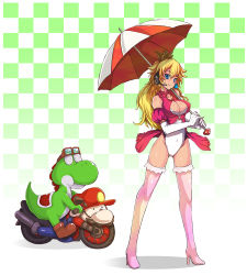 Rule 34 | 1girl, bare shoulders, blonde hair, blue eyes, boots, breasts, checkered background, cleavage, cleavage cutout, clothing cutout, crown, earrings, elbow gloves, gloves, goggles, headset, high heels, highleg, highleg leotard, jewelry, kara (color), large breasts, leotard, long hair, mario, mario (series), motor vehicle, motorcycle, nintendo, objectification, pink footwear, pink thighhighs, princess peach, race queen, revision, shadow, shoes, smile, standing, thigh boots, thighhighs, umbrella, vehicle, yoshi