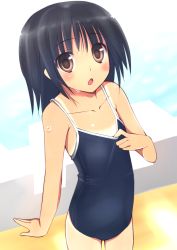 Rule 34 | 1girl, :o, akesaka iku, black hair, blush, brown eyes, clothes pull, collarbone, competition school swimsuit, flat chest, from above, looking at viewer, one-piece swimsuit, one-piece swimsuit pull, one-piece tan, open mouth, original, pool, poolside, pulled by self, school swimsuit, solo, swimsuit, tan, tanline, water, wet