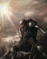 Rule 34 | 1boy, absurdres, armor, arrow (projectile), chain, dark souls (series), dark souls i, epic, from software, full armor, helm, helmet, highres, jay b lee, knight, knight of astora oscar, male focus, manly, shield, signature, solo, sun, sword, watermark, weapon
