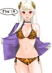 Rule 34 | 1girl, animal print, bikini, blush, capcom fighting jam, chinese zodiac, choker, commentary request, gloves, hairpods, highres, ingrid (capcom), open mouth, platinum blonde hair, print bikini, red eyes, removing jacket, solo, swimsuit, tetsu (kimuchi), tiger print, translation request, white gloves, year of the tiger