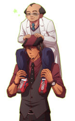 Rule 34 | 10s, 2boys, black hair, bracelet, cabbie hat, carrying, dark skin, dark-skinned male, ebitetsu, facial hair, glasses, hat, jewelry, lab coat, lunarclinic, male focus, multiple boys, necktie, red eyes, saitou (tiger &amp; bunny), shoes, shoulder carry, sneakers, stubble, tiger &amp; bunny, vest, waistcoat, watch, wristwatch