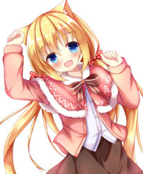 Rule 34 | 1girl, :d, animal ears, arm up, black skirt, blonde hair, blue eyes, blush, bow, brown bow, capelet, cat ears, commentary request, dress shirt, fang, fur-trimmed capelet, fur trim, hair between eyes, hair bow, hand up, head tilt, jacket, kedama (kedama akaza), long hair, long sleeves, looking at viewer, low twintails, open clothes, open jacket, open mouth, original, pink capelet, pink jacket, polka dot, polka dot bow, red bow, shirt, simple background, skirt, smile, solo, striped, striped bow, twintails, very long hair, white background, white shirt