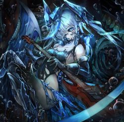 Rule 34 | 1girl, abyssal ship, black gloves, black sclera, black one-piece swimsuit, blue eyes, blue headwear, breasts, colored sclera, competition swimsuit, electric guitar, garrison cap, gloves, grey hair, guitar, hair ornament, hair ribbon, hat, highres, holding, holding instrument, instrument, kajaneko, kantai collection, long hair, mask, mouth mask, one-piece swimsuit, pale skin, ribbon, side ponytail, small breasts, star (symbol), star hair ornament, submarine shark water oni, swimsuit, torn clothes, torn mask, torn swimsuit