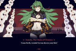 Rule 34 | 1other, androgynous, araimin, artist name, black jacket, breasts, chain, chained, character name, claws, collarbone, commentary, cosplay, cropped jacket, crossover, english text, enkidu (fate), evil smile, fate (series), gauntlets, green eyes, green hair, grin, helltaker, highres, jacket, judgement (helltaker), judgement (helltaker) (cosplay), long hair, looking at viewer, midriff, navel, parody, short shorts, shorts, smile, solo, stomach, teeth, yellow eyes