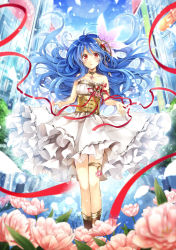 Rule 34 | 1girl, bare arms, bare shoulders, blue hair, brooch, building, choker, collarbone, corset, dress, flower, hagiwara rin, hair ornament, jewelry, legband, long hair, looking at viewer, lots of jewelry, open mouth, original, pendant, petals, pink eyes, ribbon, skyscraper, solo, strapless, strapless dress, very long hair, white dress, wind