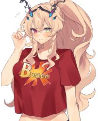 Rule 34 | 1girl, blonde hair, blush, breasts, buster shirt, barghest (fate), fate/grand order, fate (series), green eyes, heterochromia, highres, large breasts, long hair, midriff, ponytail, red eyes, uxco0, white background