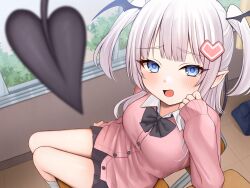 Rule 34 | 1girl, bag, black bow, black skirt, black wings, blue eyes, blurry, blurry foreground, blush, bow, breasts, cardigan, chair, collared shirt, commentary request, day, demon girl, demon tail, demon wings, depth of field, desk, dress shirt, fang, feet out of frame, grey hair, hand up, head wings, highres, hoshimiya aki, indoors, long hair, long sleeves, looking at viewer, medium breasts, on chair, open mouth, original, pink cardigan, pleated skirt, puffy long sleeves, puffy sleeves, revision, school bag, school chair, school desk, school uniform, shirt, sitting, skirt, sleeves past wrists, socks, solo, tail, two side up, white shirt, white socks, window, wings